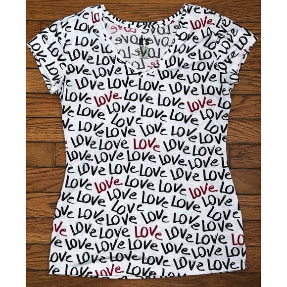 It's Women's Medium White w/ Red & Black Love Script Top - Picture 1 of 5